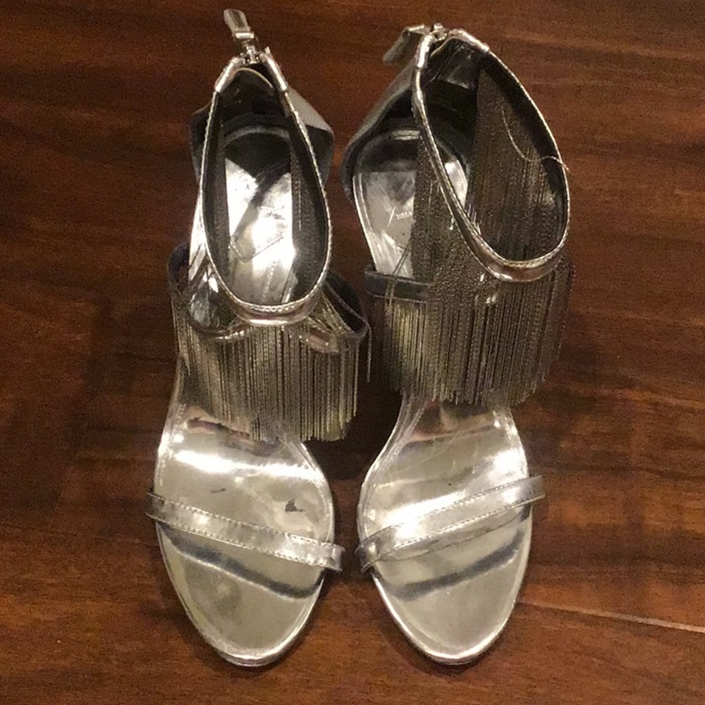 Brian Atwood Condessa Silver Metallic Fringe Heels